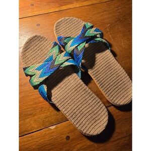 Woven Straw Slide Sandals Blue Green Chevron Boho Beach Slip On Flat Women 40-41